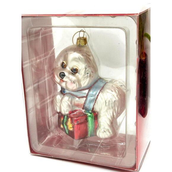 White Dog Christmas Ornament With Box - Hand-Painted Glass Figurine - Picture 3 of 5